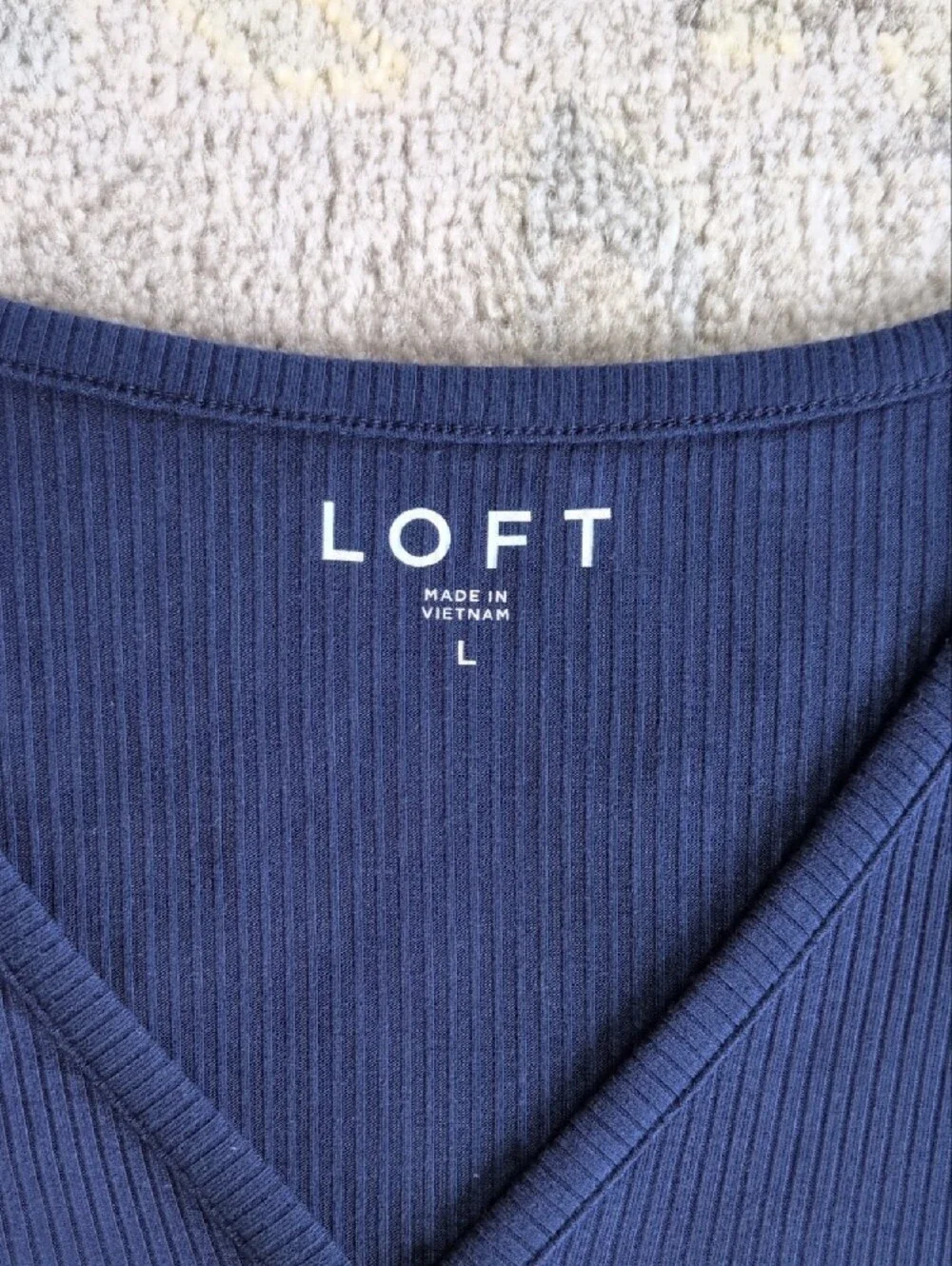 LOFT Navy Ribbed V-Neck Short Sleeve Henley Top